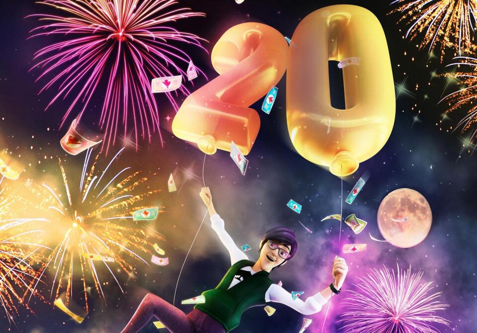 Photo de Léo qui tient des ballons 20 ans pour l'anniversaire des 20 ans de la salle des machines à sous.