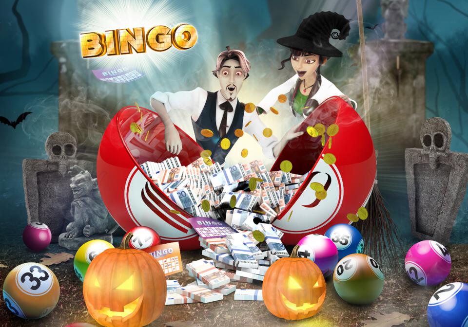Couple déguisés en vampire et sorcière, des liasses de billets, citrouilles et cartons bingo