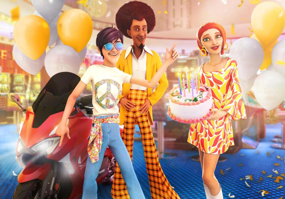 Persos habillés façon seventies et le scooter à gagner.