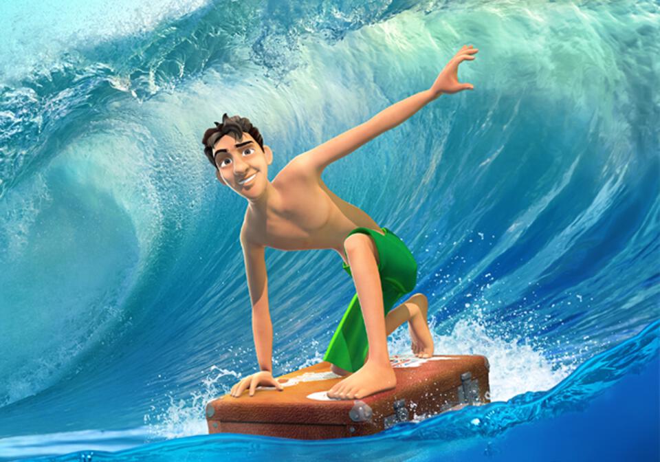 Un homme surf sur une valise.