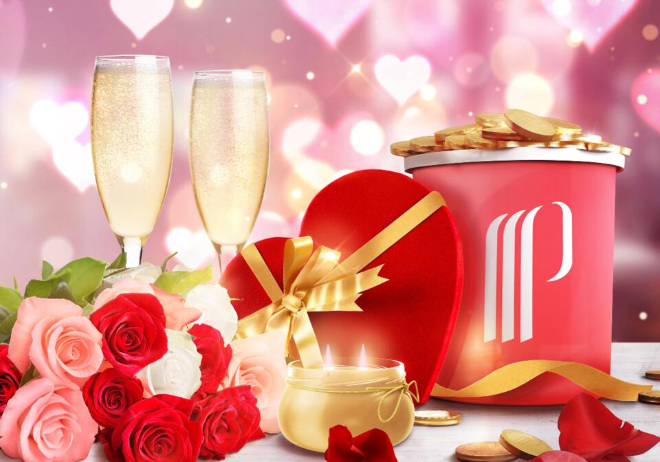 coupe de champagne, jetons, cœurs, roses